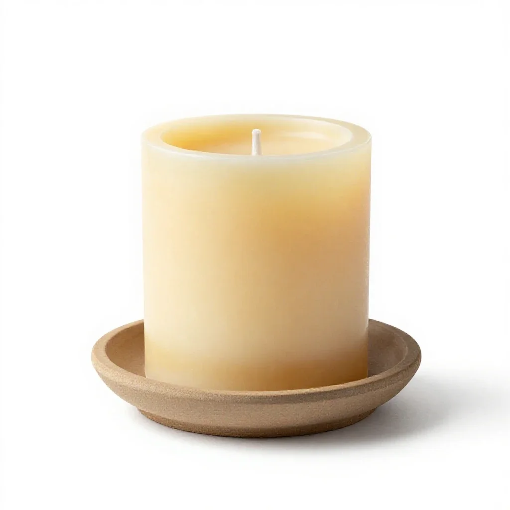 Beeswax pillar candle on a holder isolated on a white background