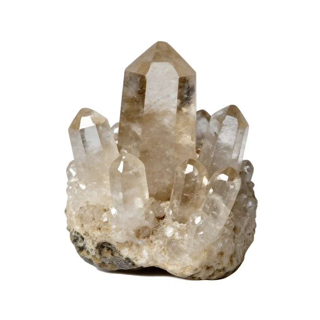 Quartz crystal cluster isolated on a white background