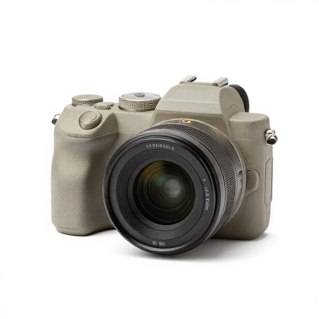 Mirrorless camera with a prime lens isolated on a white background