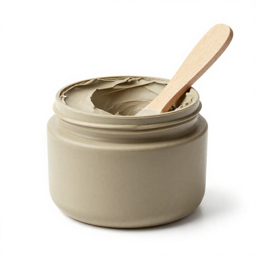 Clay mask jar with a spatula isolated on a white background
