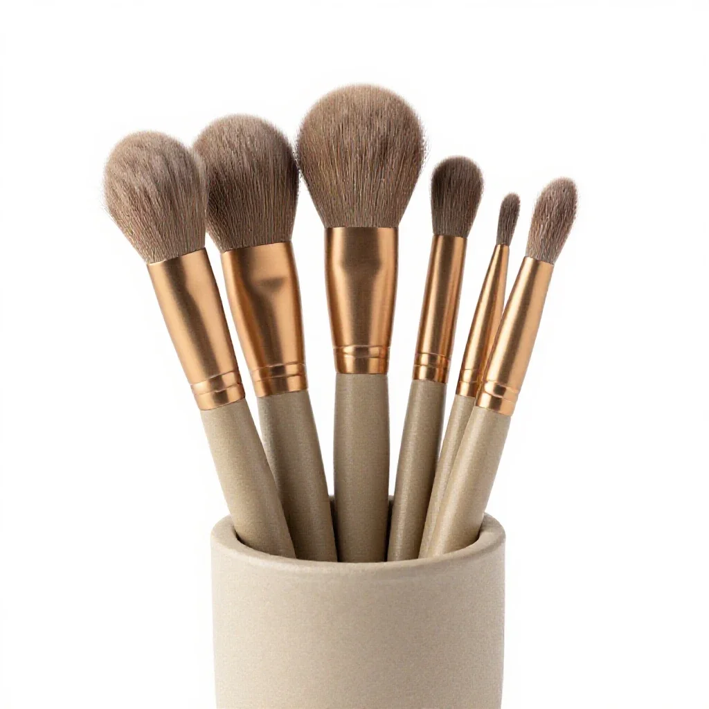 Makeup brush set in a cup isolated on a white background