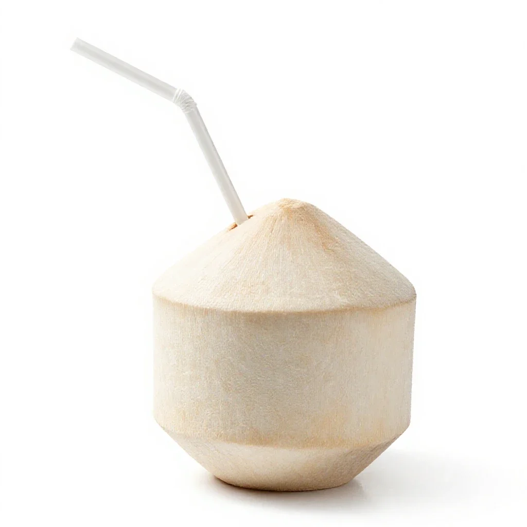 Fresh coconut with a straw isolated on a white background
