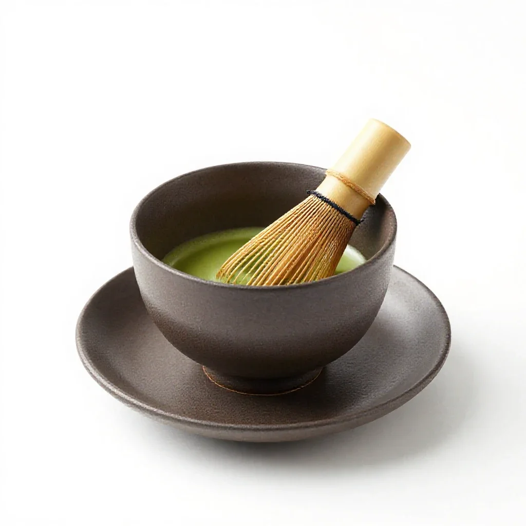 Matcha whisked in a chawan isolated on a white background
