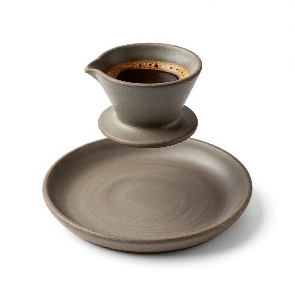 Pour-over coffee mid-bloom isolated on a white background
