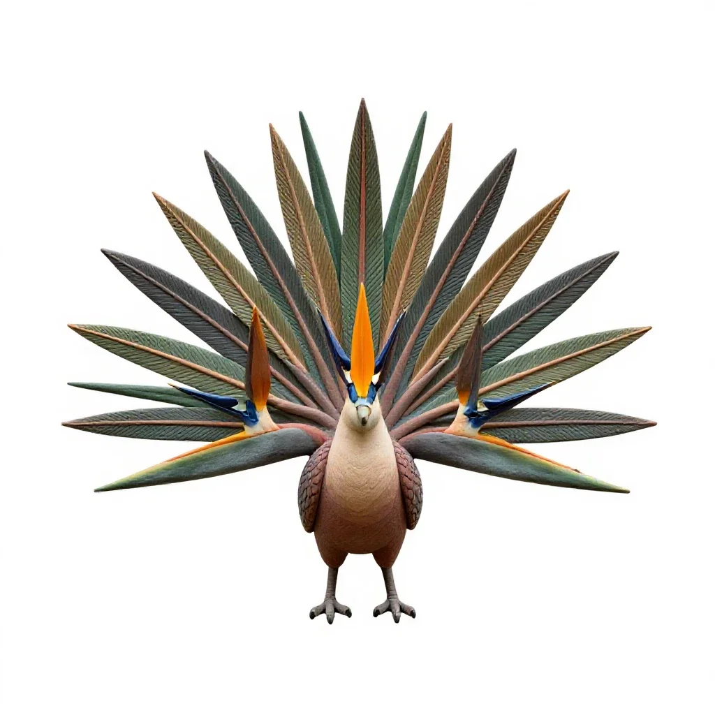 Bird of paradise displaying isolated on a white background