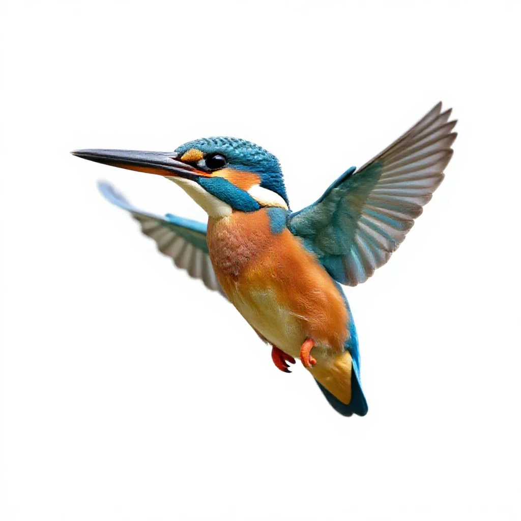 Kingfisher hovering isolated on a white background