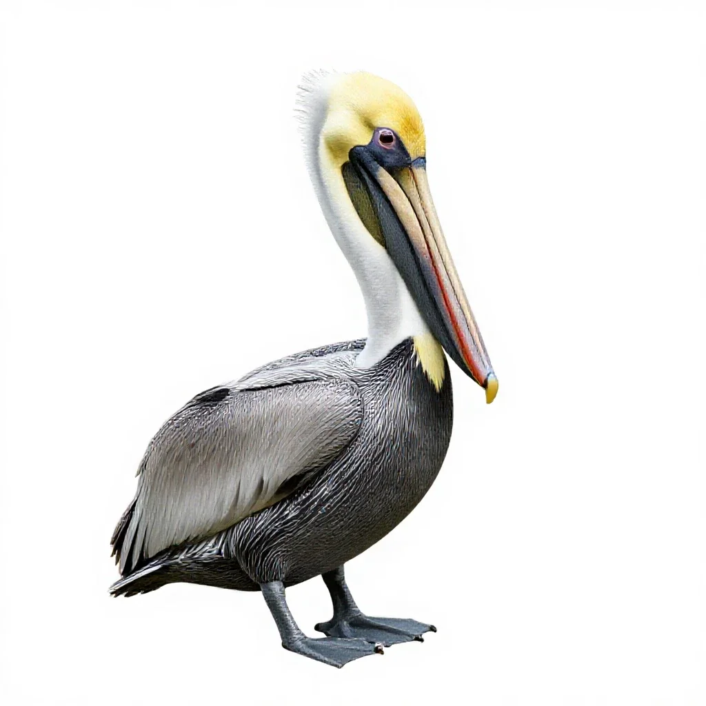 Pelican with its pouch full isolated on a white background