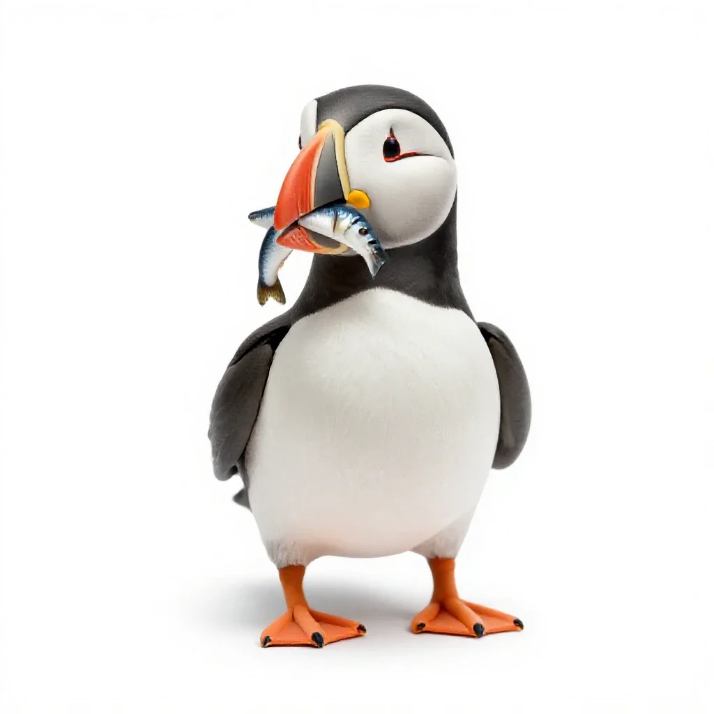 Puffin with a beakful of fish isolated on a white background