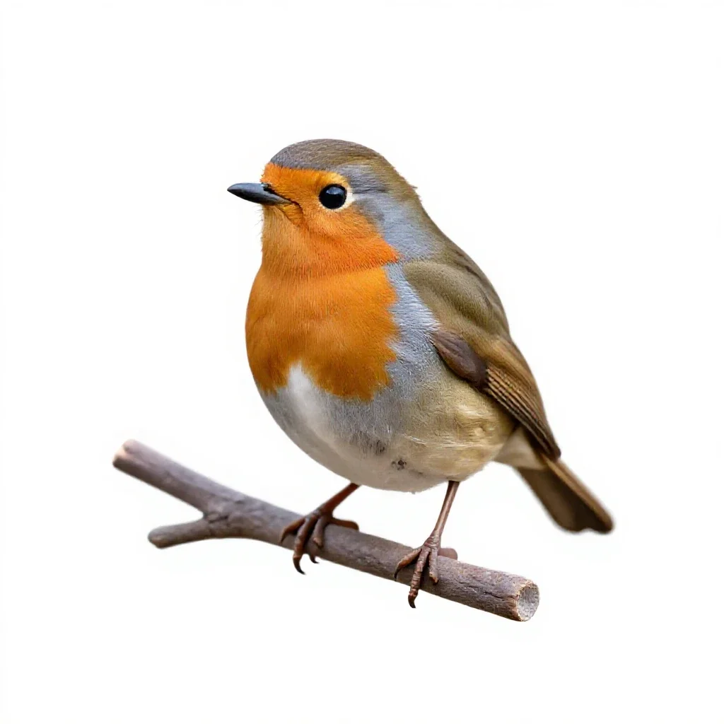 Robin on a frosted branch isolated on a white background