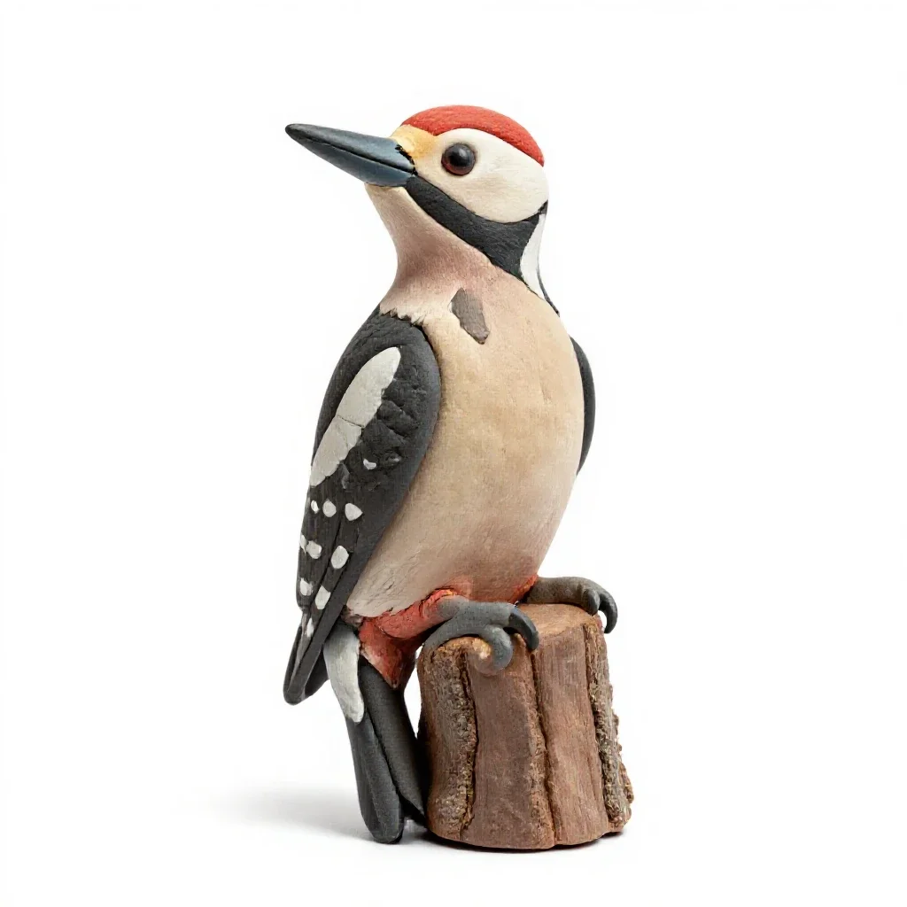 Woodpecker on bark isolated on a white background