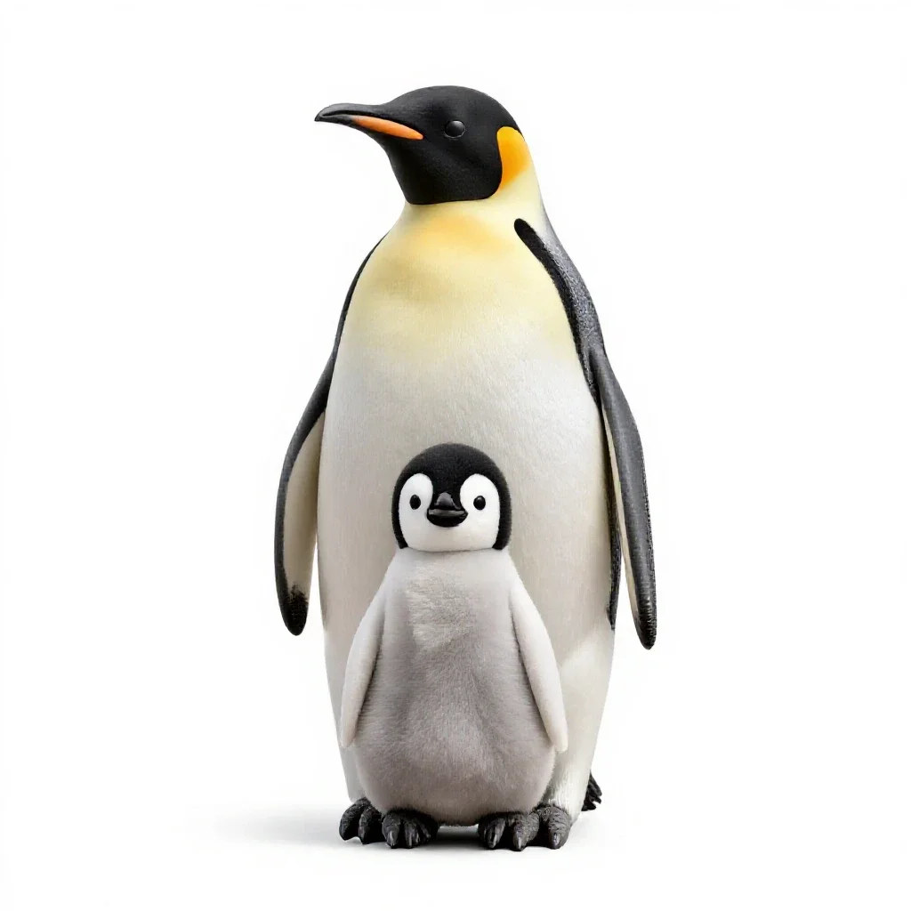 Emperor penguin with a chick isolated on a white background