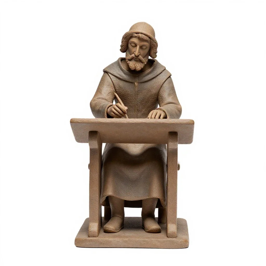 Mediaeval scribe at a lectern isolated on a white background