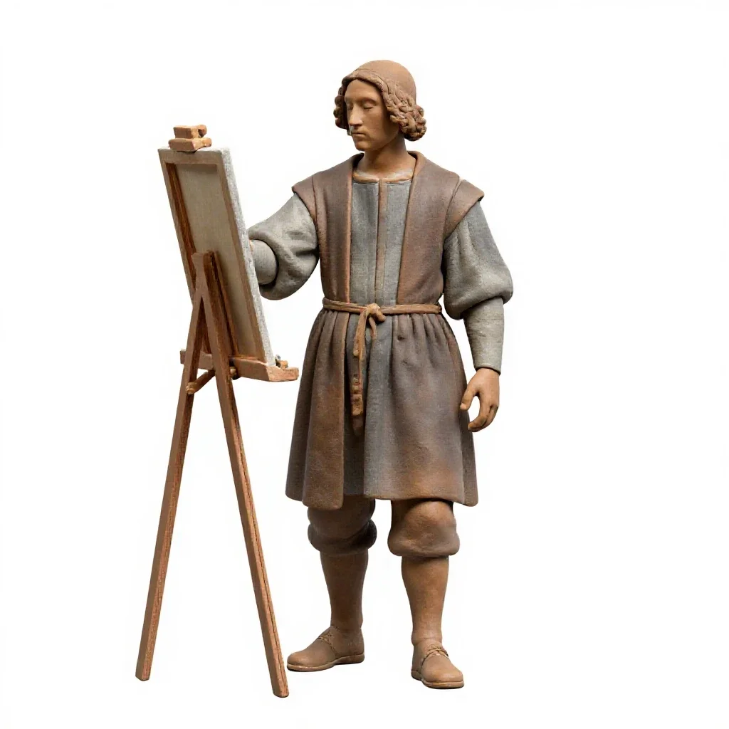 Renaissance painter at an easel isolated on a white background