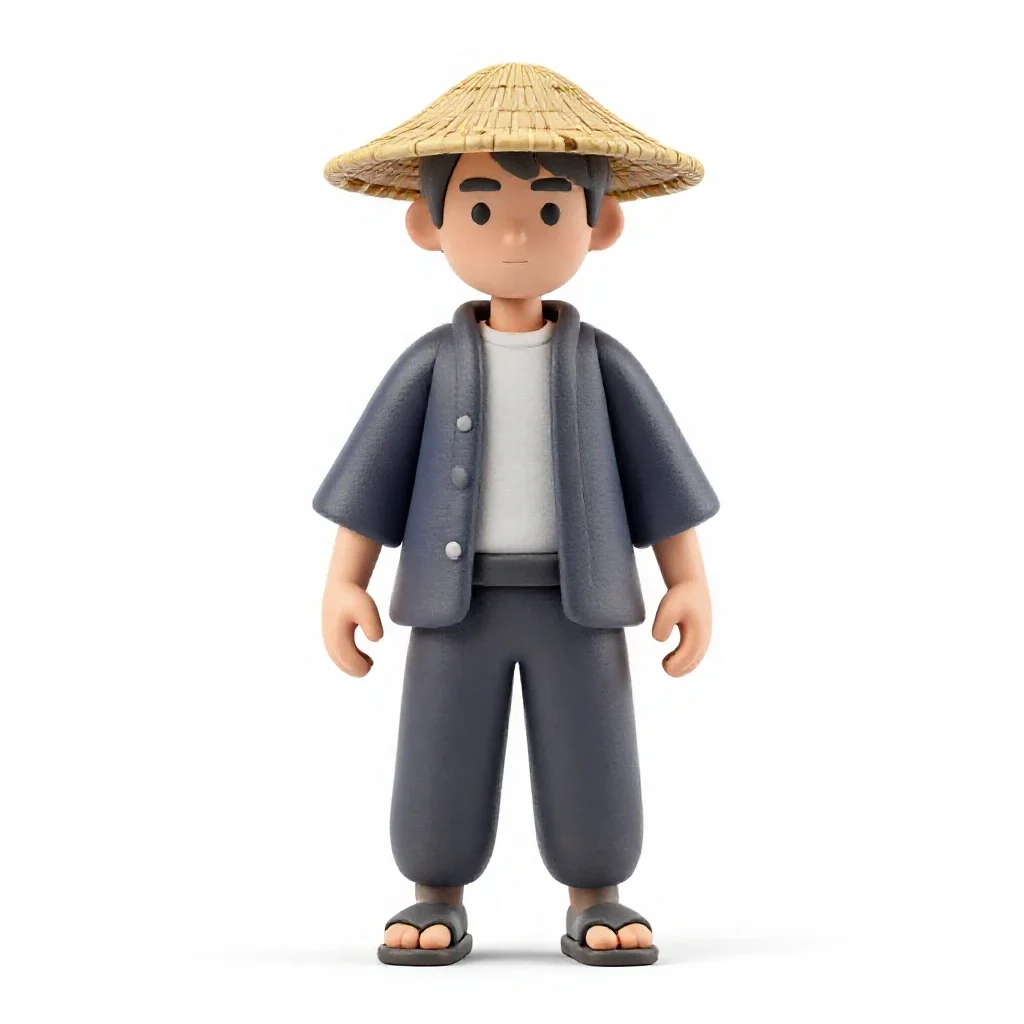 Ronin with a straw hat isolated on a white background