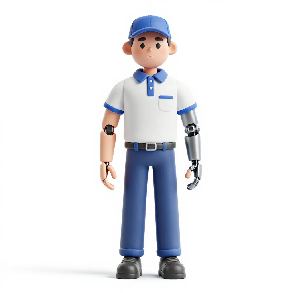 Courier with a cybernetic arm isolated on a white background