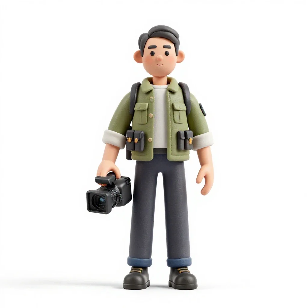 War correspondent with a hovering camera isolated on a white background