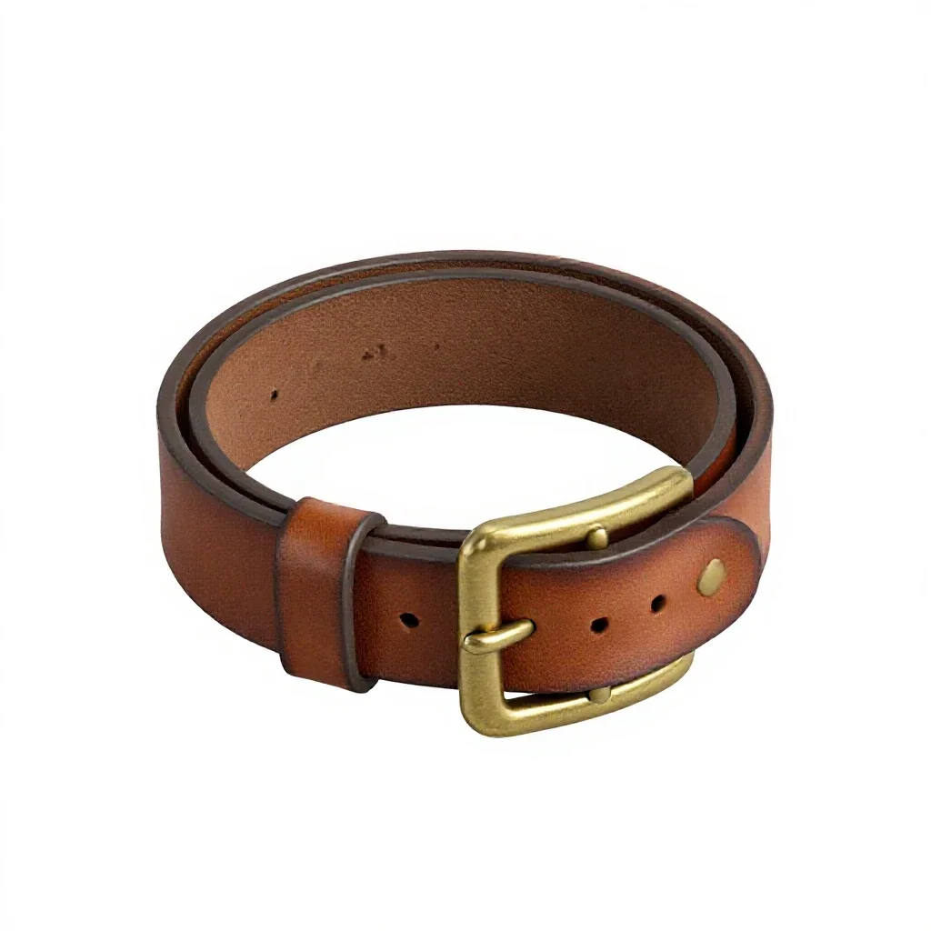Leather belt with a brass buckle isolated on a white background