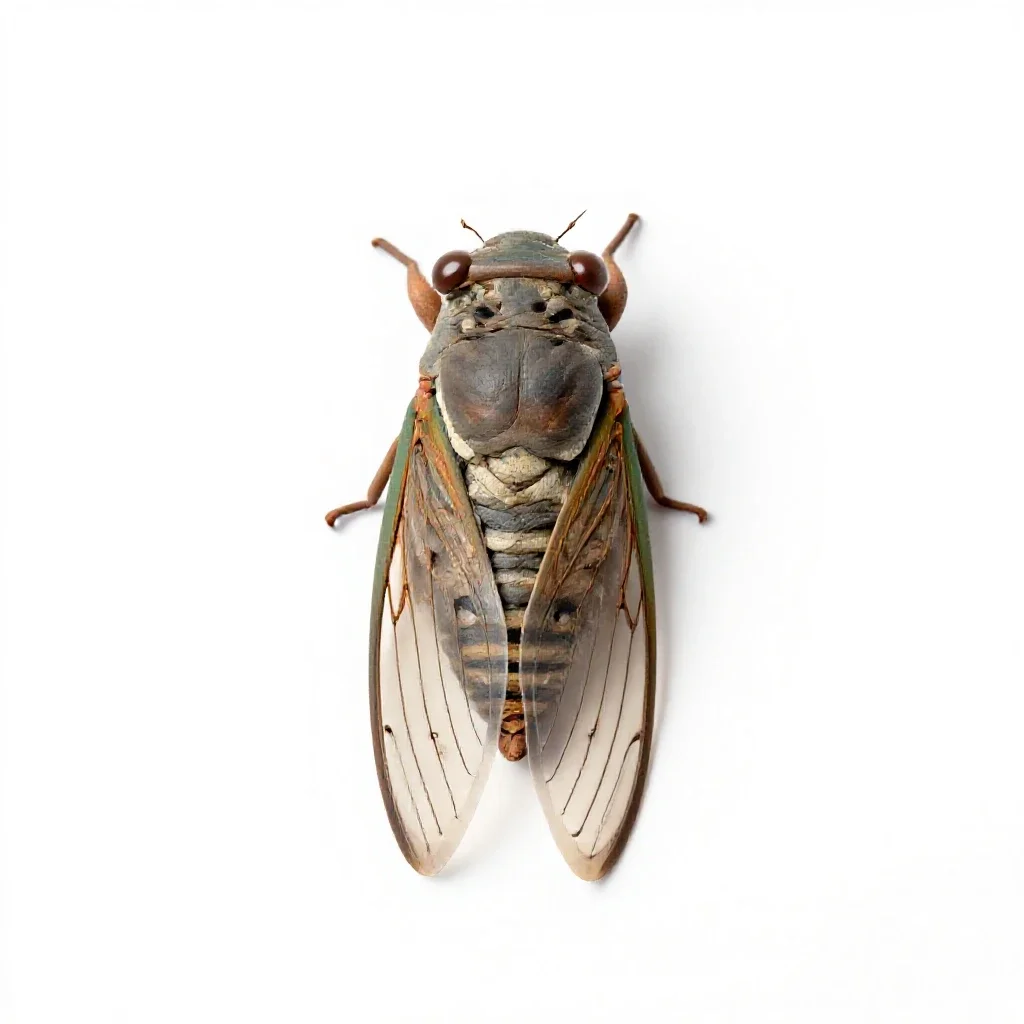 Cicada mid-song isolated on a white background