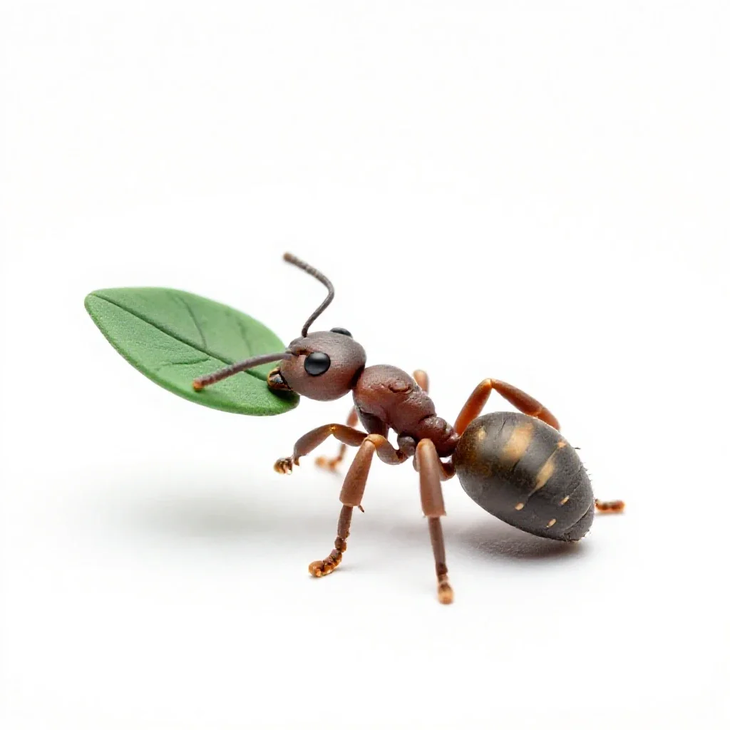 Leafcutter ant carrying a leaf isolated on a white background
