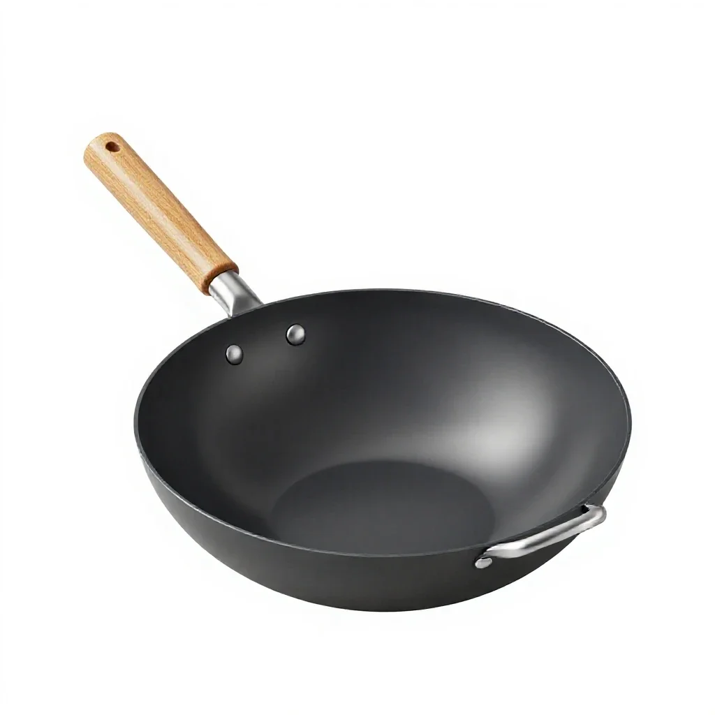 Wok with a wooden handle isolated on a white background