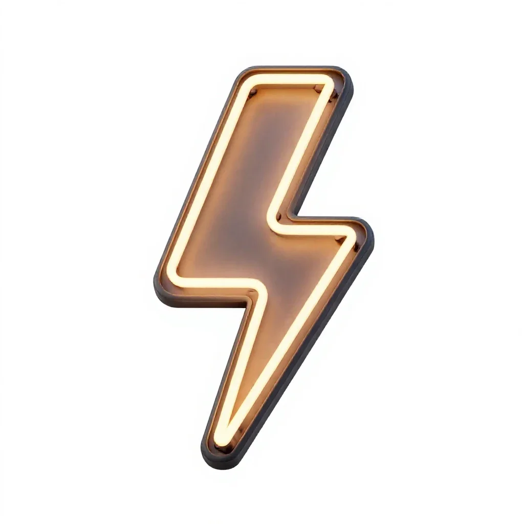 Neon sign shaped like a lightning bolt isolated on a white background