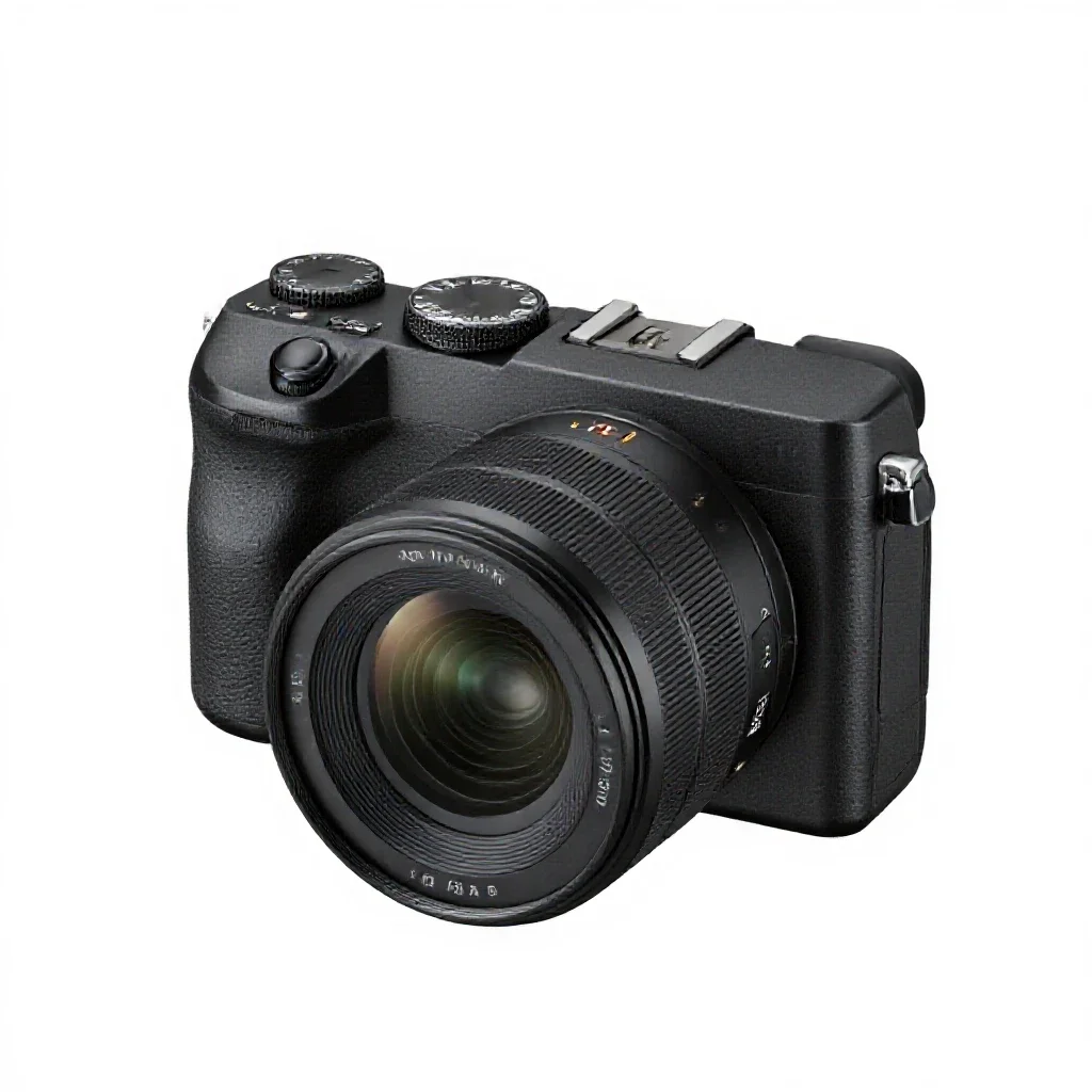Mirrorless camera with a prime lens isolated on a white background