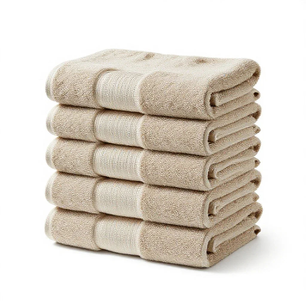Set of stacked bath towels isolated on a white background