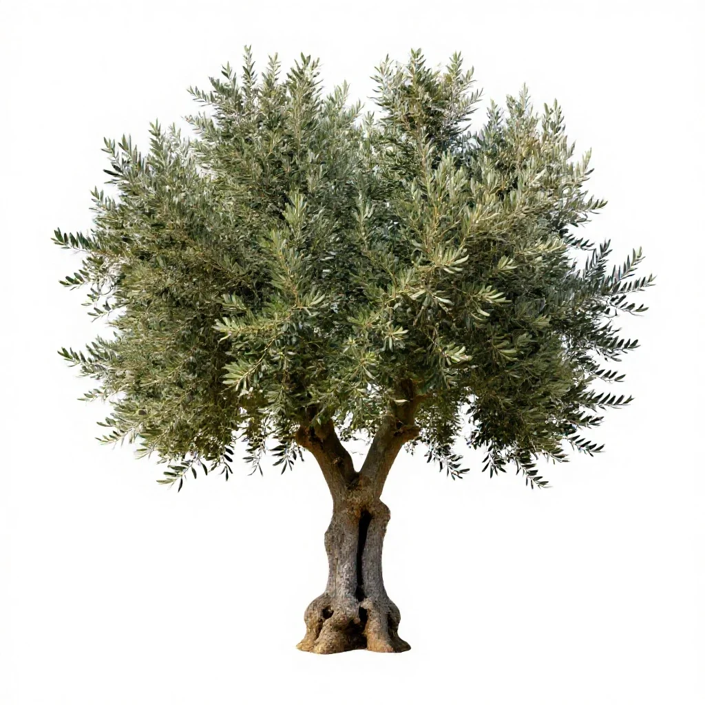 Olive tree with a gnarled trunk isolated on a white background