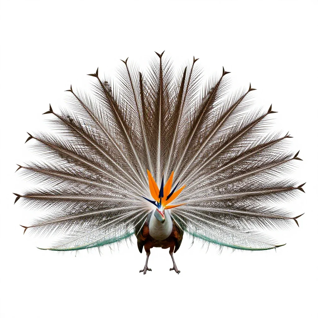 Bird of paradise displaying isolated on a white background