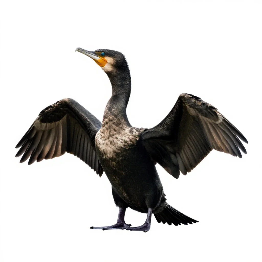 Cormorant drying its wings isolated on a white background