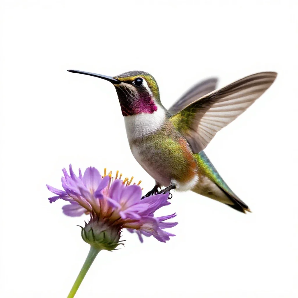 Hummingbird at a flower isolated on a white background