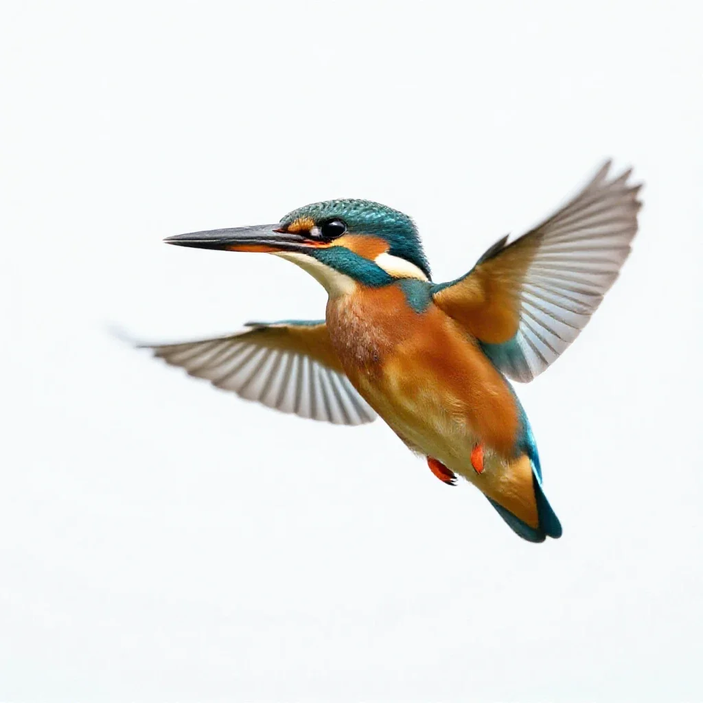 Kingfisher hovering isolated on a white background