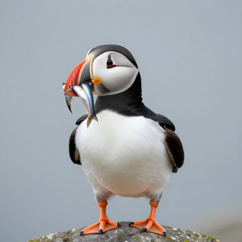 Puffin with a beakful of fish isolated on a white background
