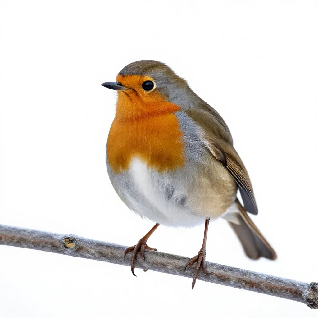 Robin on a frosted branch isolated on a white background