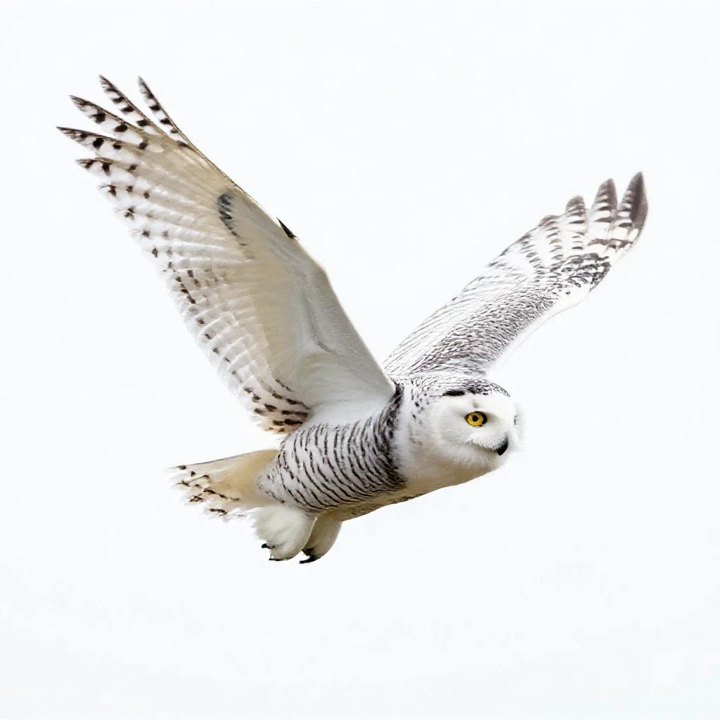 Snowy owl in flight isolated on a white background