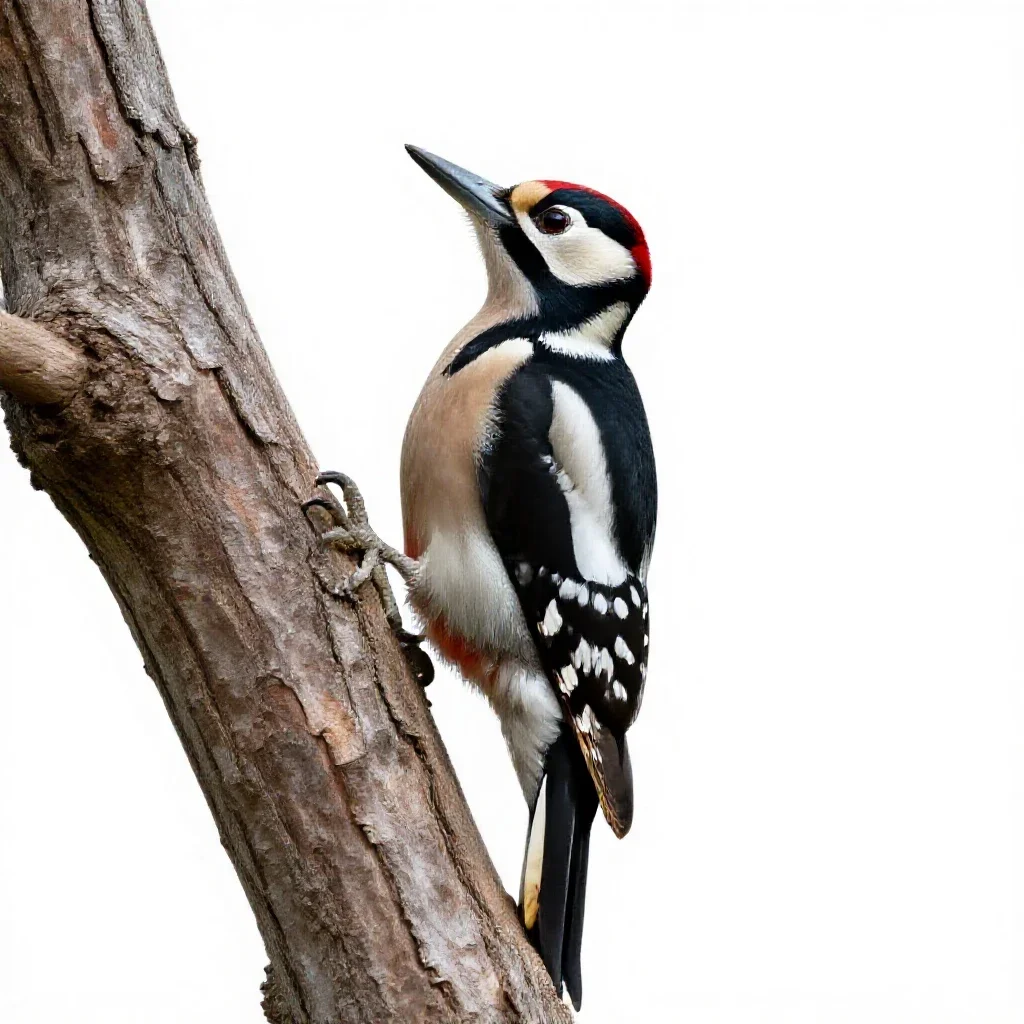 Woodpecker on bark isolated on a white background