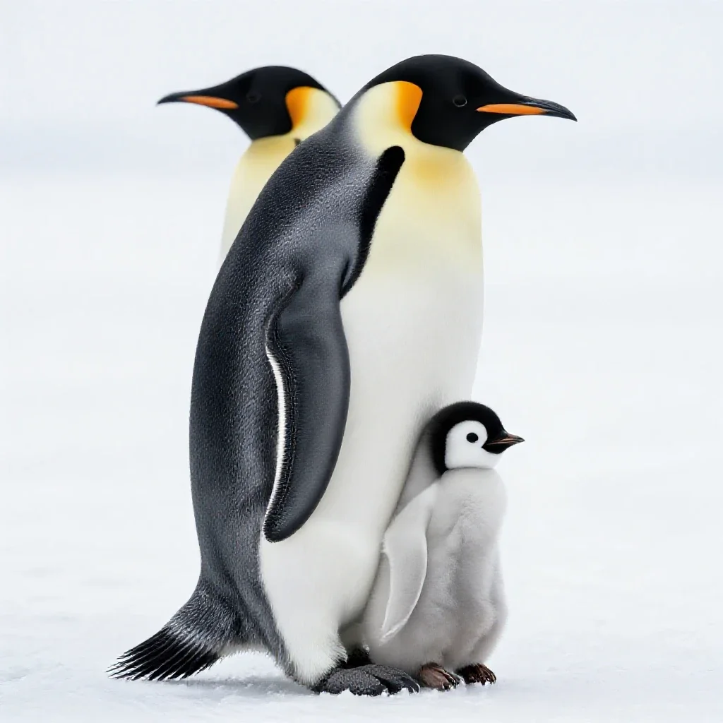Emperor penguin with a chick isolated on a white background