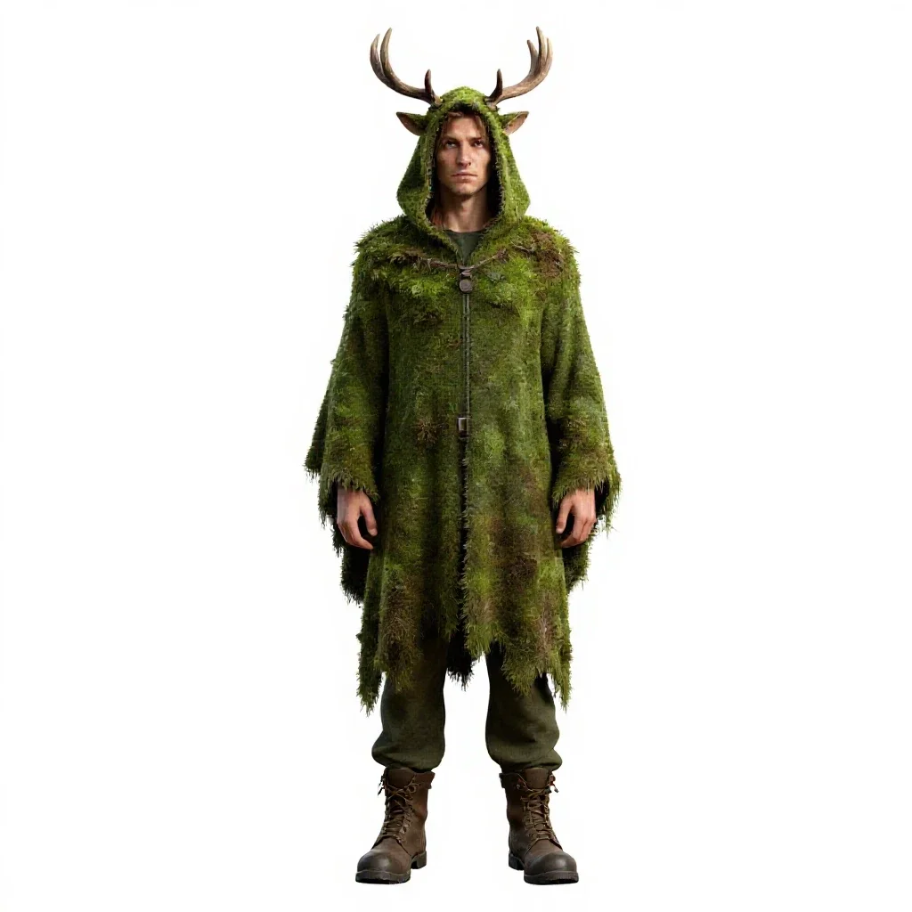 Druid cloaked in moss and antlers isolated on a white background