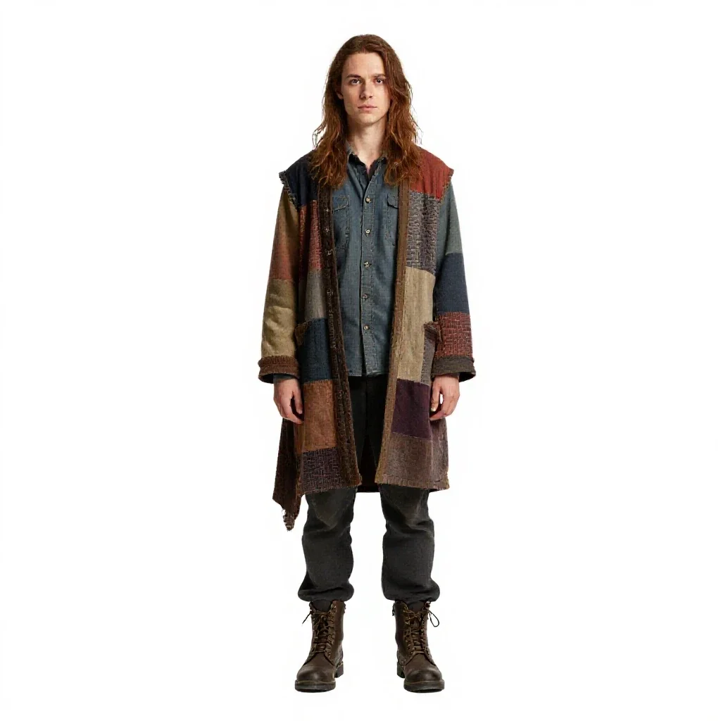 Fae trickster in patchwork isolated on a white background