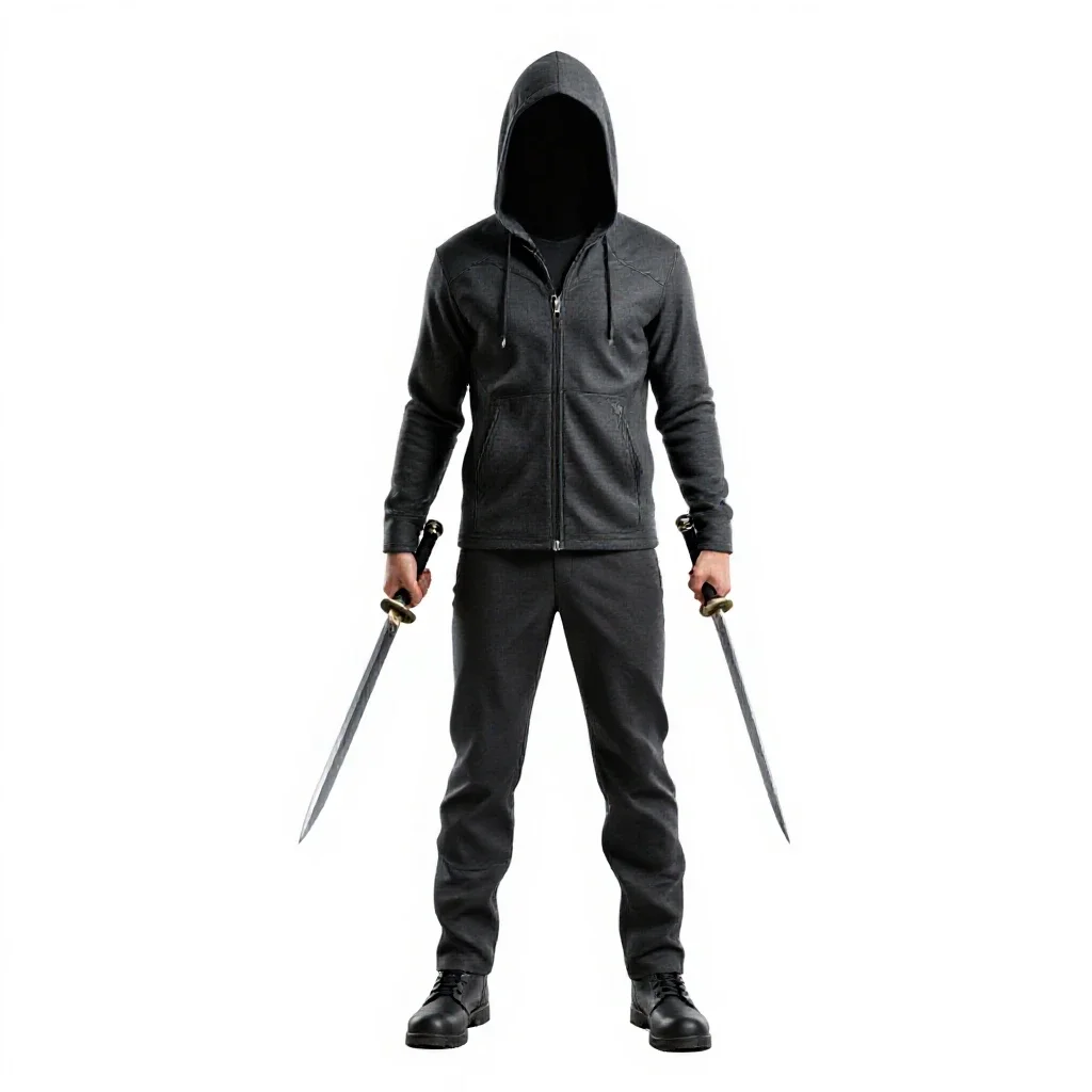 Hooded rogue with twin daggers isolated on a white background