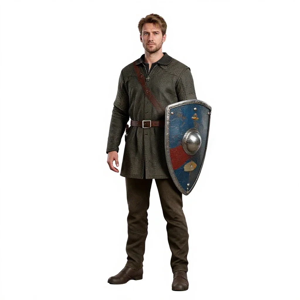Knight errant with a battered shield isolated on a white background