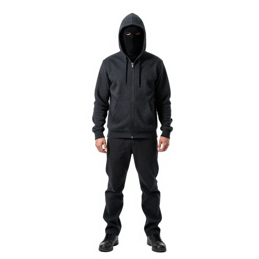 Masked assassin in dark cloth isolated on a white background