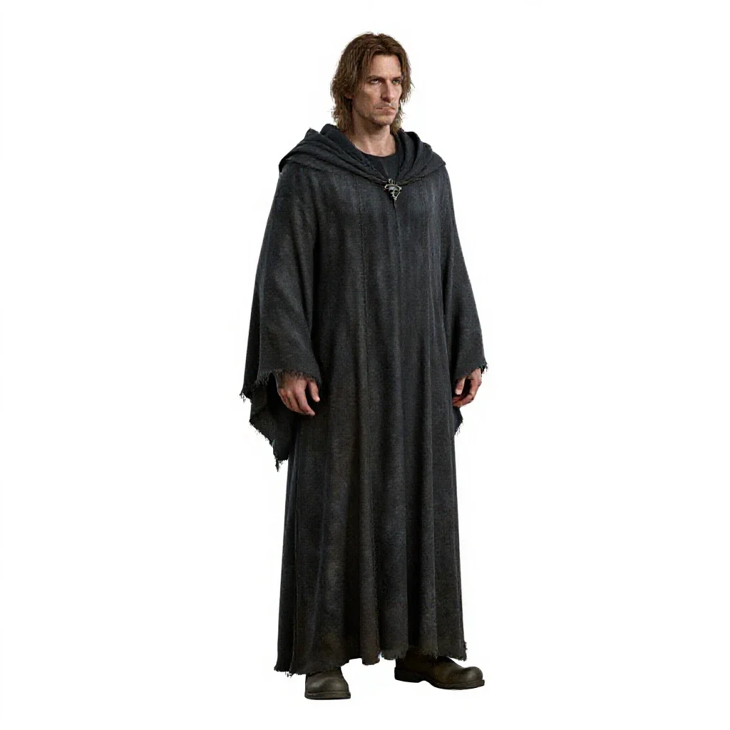 Necromancer in tattered robes isolated on a white background