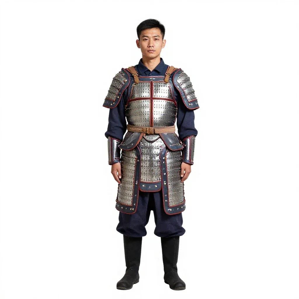 Temple guardian in ceremonial armour isolated on a white background
