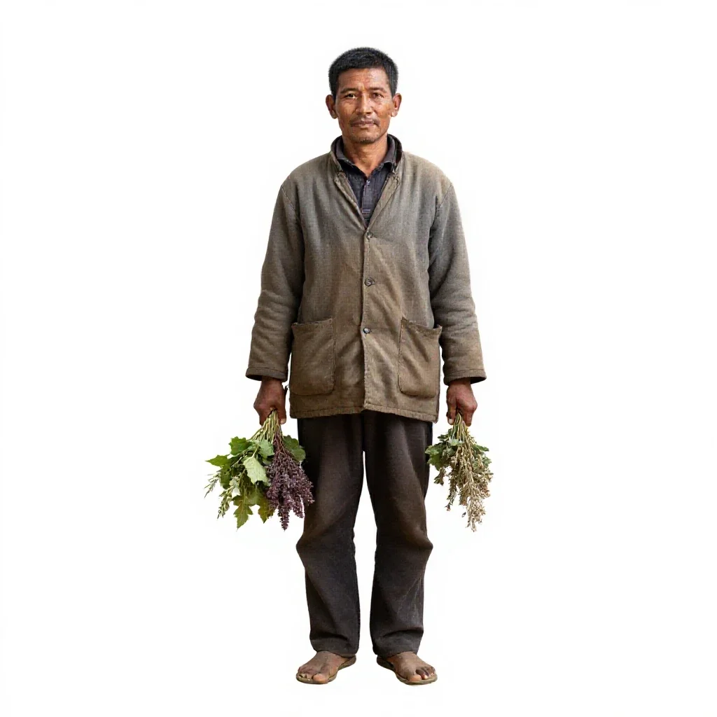 Village healer with herb bundles isolated on a white background