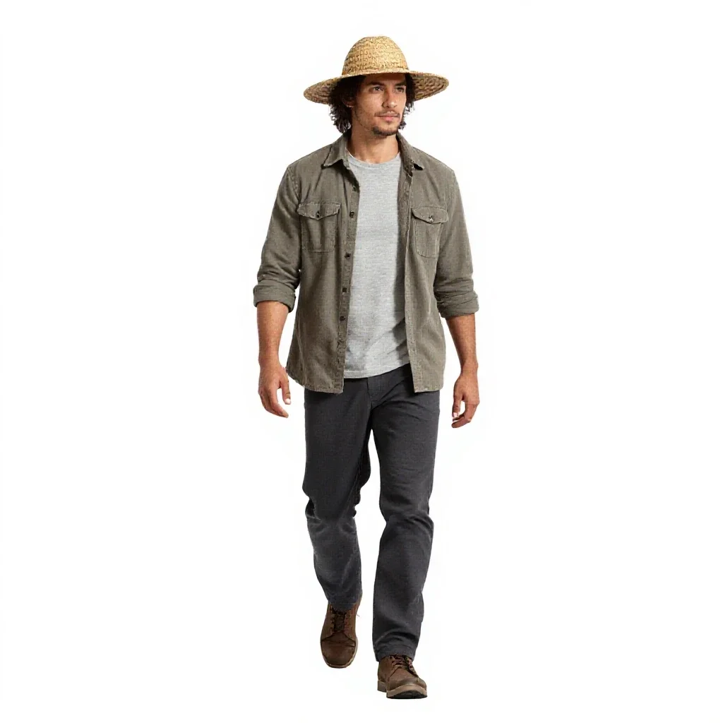 Wandering swordsman in a straw hat isolated on a white background