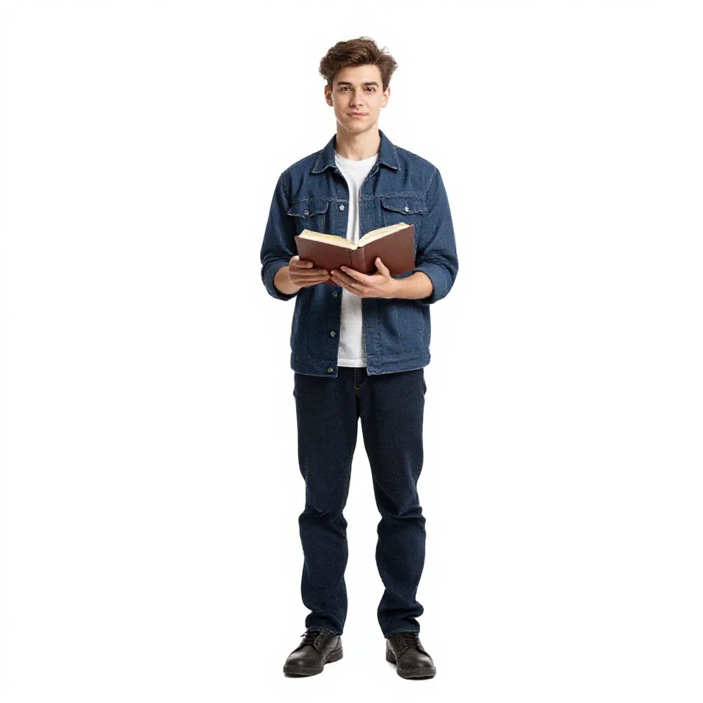 Young apprentice with a spellbook isolated on a white background