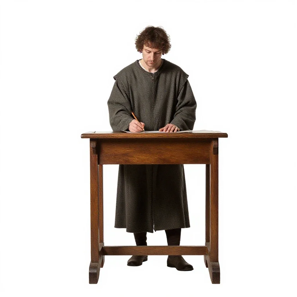 Mediaeval scribe at a lectern isolated on a white background