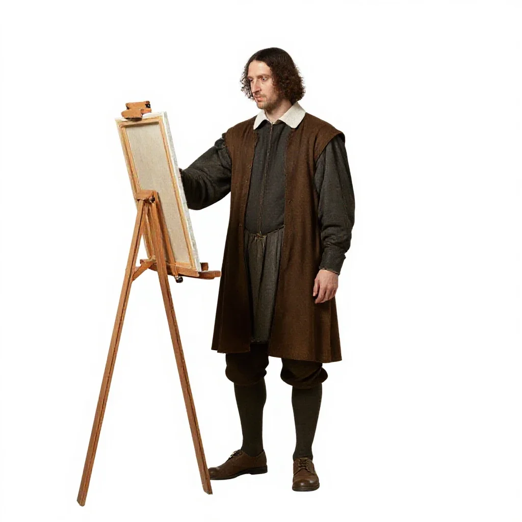 Renaissance painter at an easel isolated on a white background