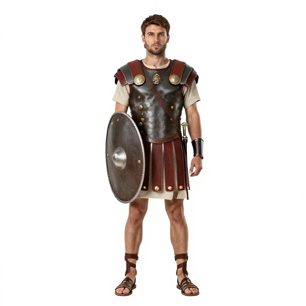 Roman legionary with a scutum isolated on a white background